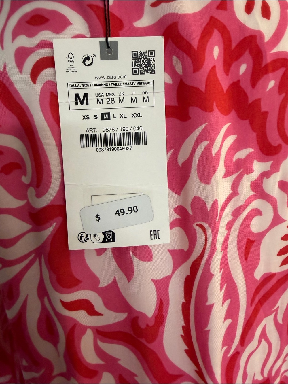 Zara Pink & White Printed Long-Sleeve Mini Dress Sz M NWT - Picture 4 of 5